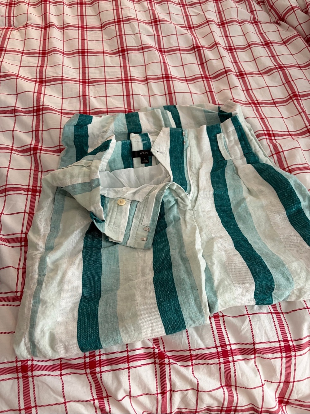 J. Crew Teal and White Striped Linen Flat-Front Pants
